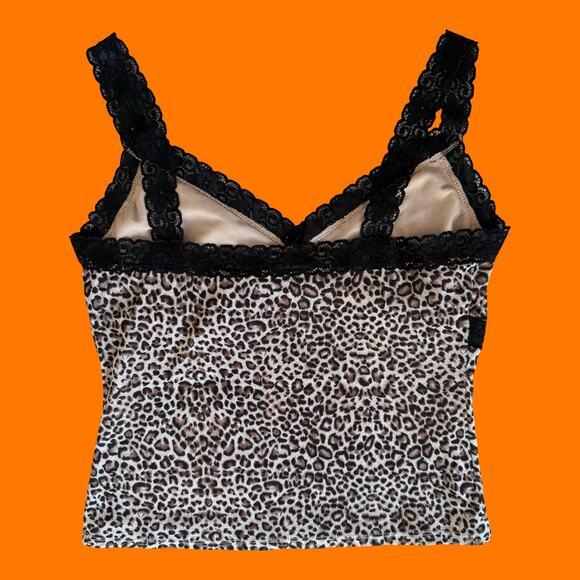 00's vintage leopard mesh black lace y2k bodycon tank top XL - Picture 5 of 8